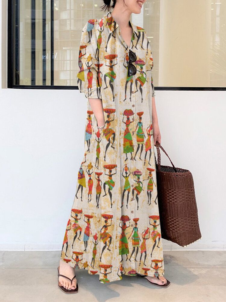 Camisa De Manga Larga Con Solapa Estampada Con Figura Étnica Para Mujer Vestidos Largos Con Bolsillo