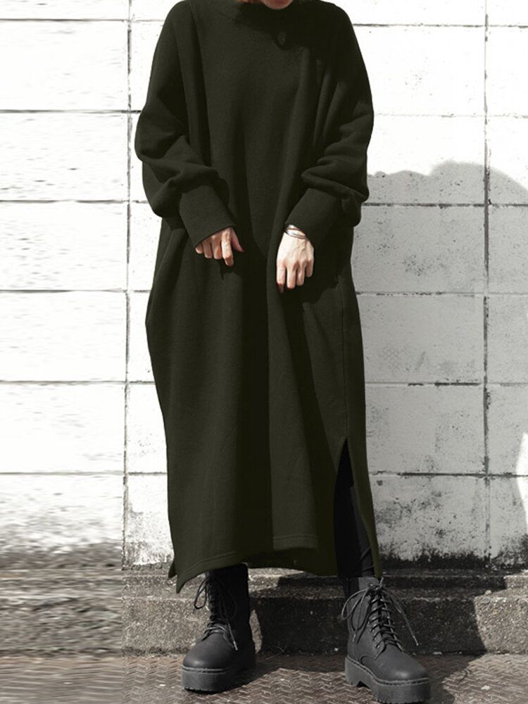 Sudadera Con Cuello Redondo De Color Sólido Con Abertura Lateral Para Mujer Maxi Vestidos Con Bolsillo
