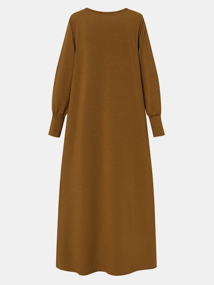 Vestido Largo De Caftán Musulmán Informal Plisado Con Manga Abullonada De Color Sólido Vintage Para Mujer
