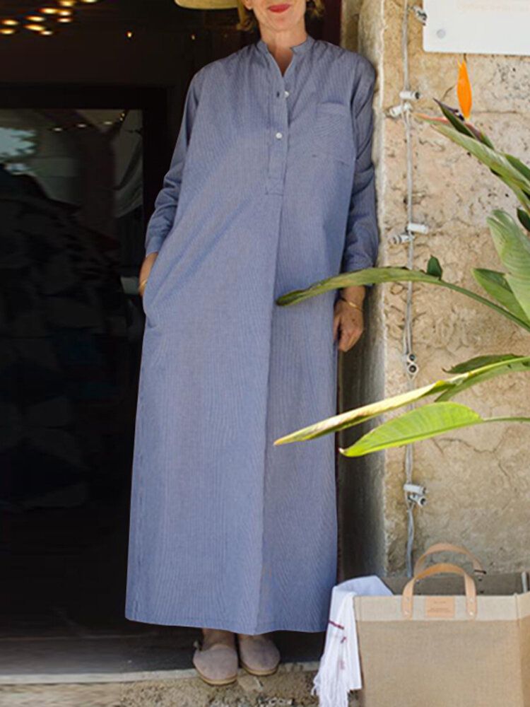 Vestido Largo De Manga Larga Con Bolsillo En El Pecho Y Estampado De Rayas Para Mujer