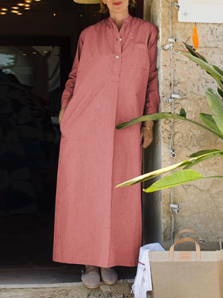 Vestido Largo De Manga Larga Con Bolsillo En El Pecho Y Estampado De Rayas Para Mujer