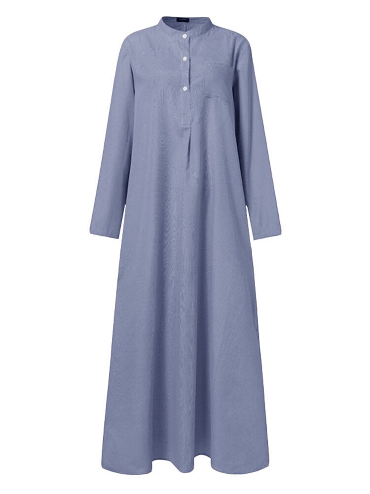 Vestido Largo De Manga Larga Con Bolsillo En El Pecho Y Estampado De Rayas Para Mujer