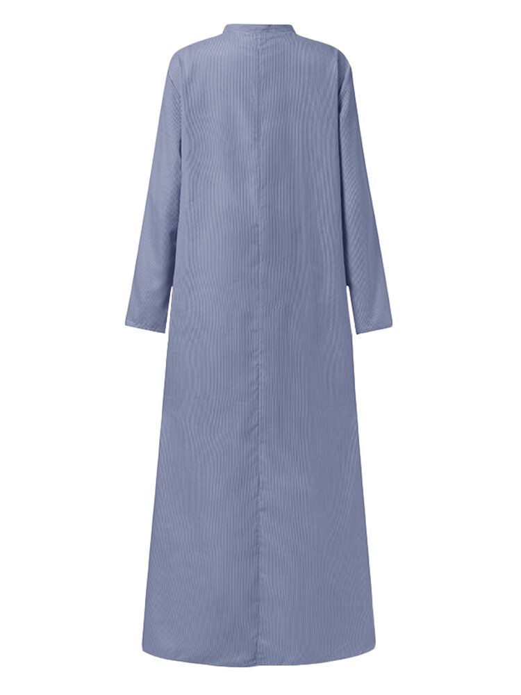 Vestido Largo De Manga Larga Con Bolsillo En El Pecho Y Estampado De Rayas Para Mujer