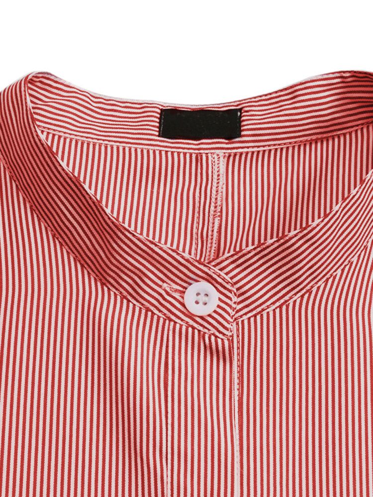 Vestido Largo De Manga Larga Con Bolsillo En El Pecho Y Estampado De Rayas Para Mujer