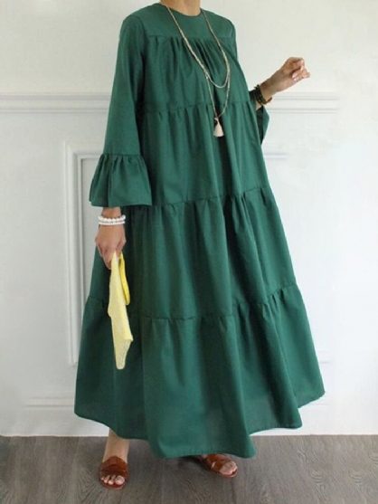 Vestido Largo Plisado Con Capas Plisadas Y Manga Acampanada Con Cuello En O De Color Liso Vintage Para Mujer