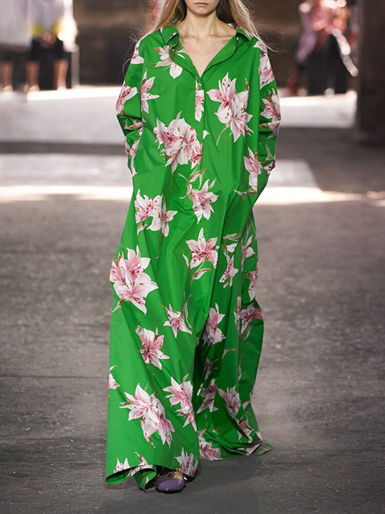 Vestido Largo Suelto De Manga Larga Con Bolsillo Lateral Y Estampado Floral Lily Para Mujer
