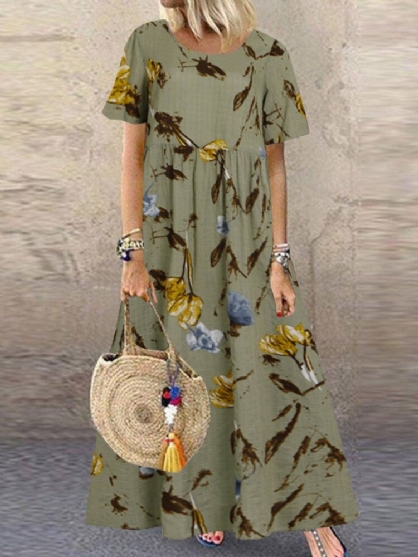 Vestido Maxi Informal Holgado De Manga Corta Con Estampado Floral Vintage