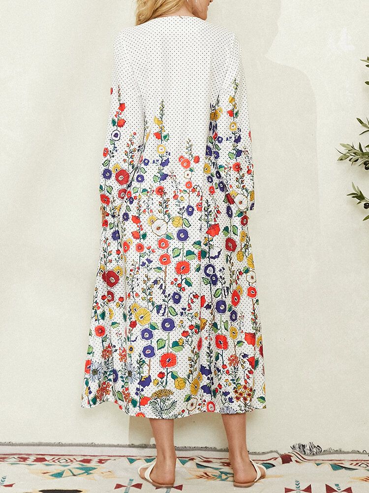 Vestido Maxi Informal De Manga Larga Con Estampado De Lunares Y Flores Para Mujer