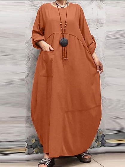 Vestido Maxi De Manga Larga Con Cuello Redondo Suelto Y Cuello Redondo De Color Sólido Vintage Para Mujer Con Bolsillo