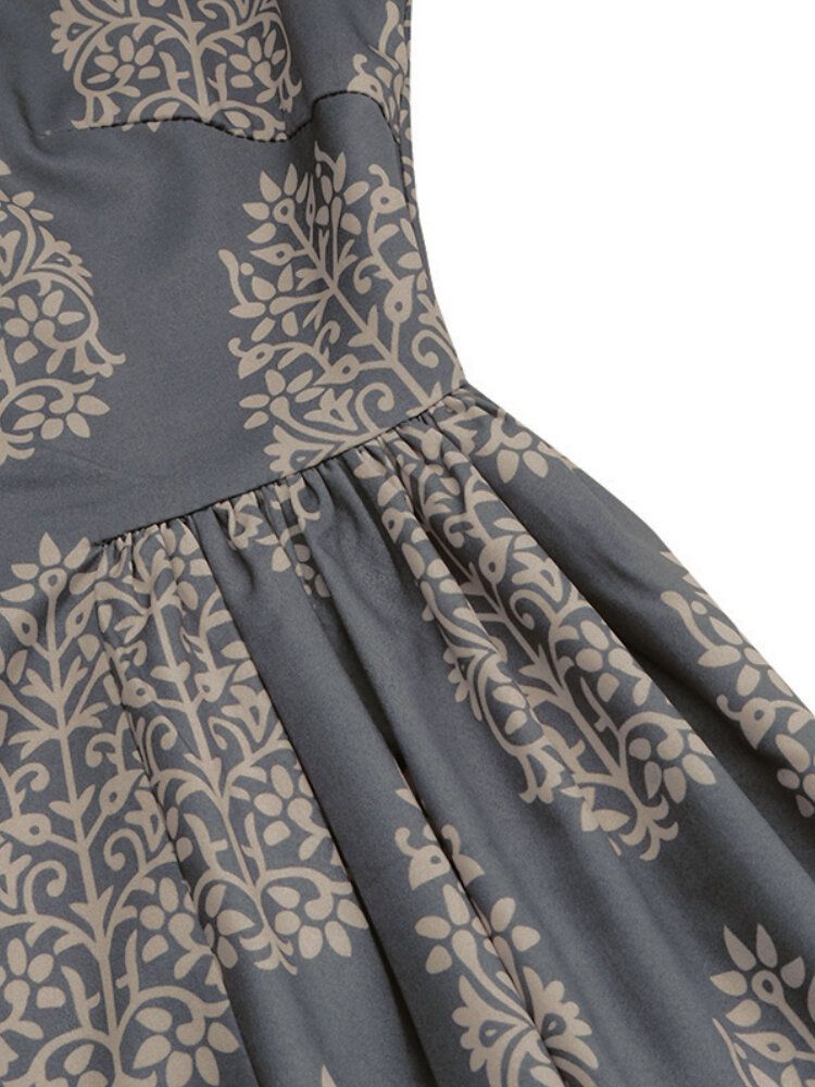 Vestido Maxi De Media Manga Estilo Étnico Plisado Con Estampado Floral Vintage Para Mujer