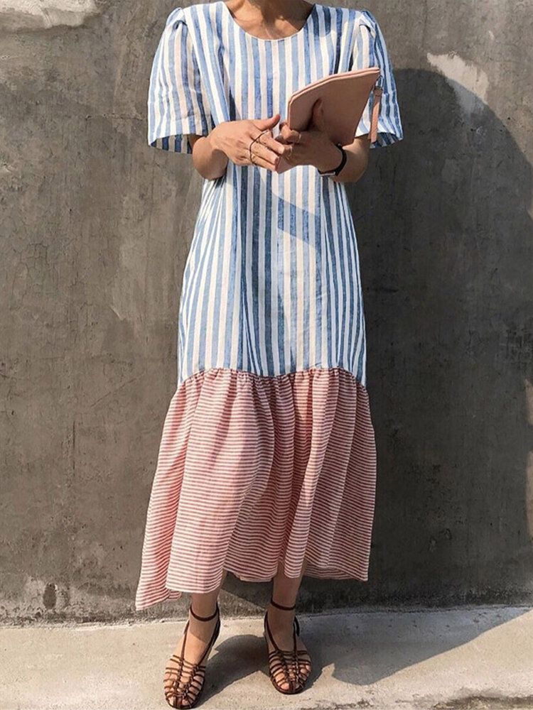 Vestido Maxi Suelto De Manga Corta Con Patchwork A Rayas Casual Diario Para Mujer