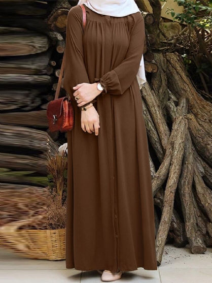 Vestido Maxi Vintage Con Manga Abullonada Plisada De Color Liso Para Mujer
