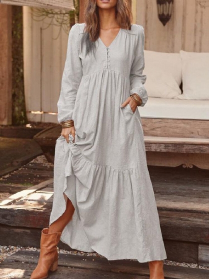 Vestido Maxi Vintage De Manga Larga Plisado Con Botones Y Cuello En V De Color Sólido Para Mujer