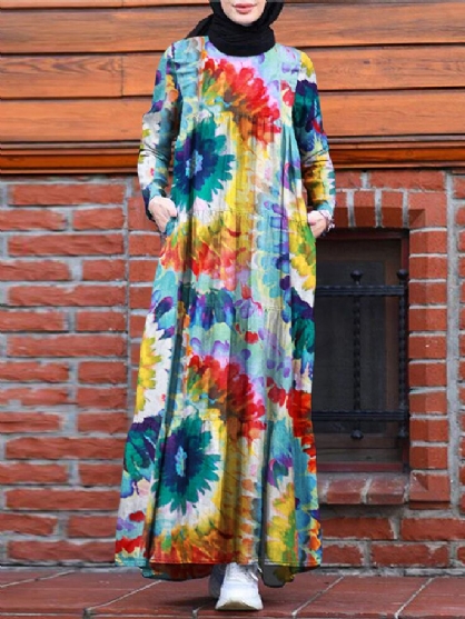Vestido Musulmán Con Gradas De Una Línea De Túnica De Kaftan De Color En Contraste Con Estampado Floral Vintage