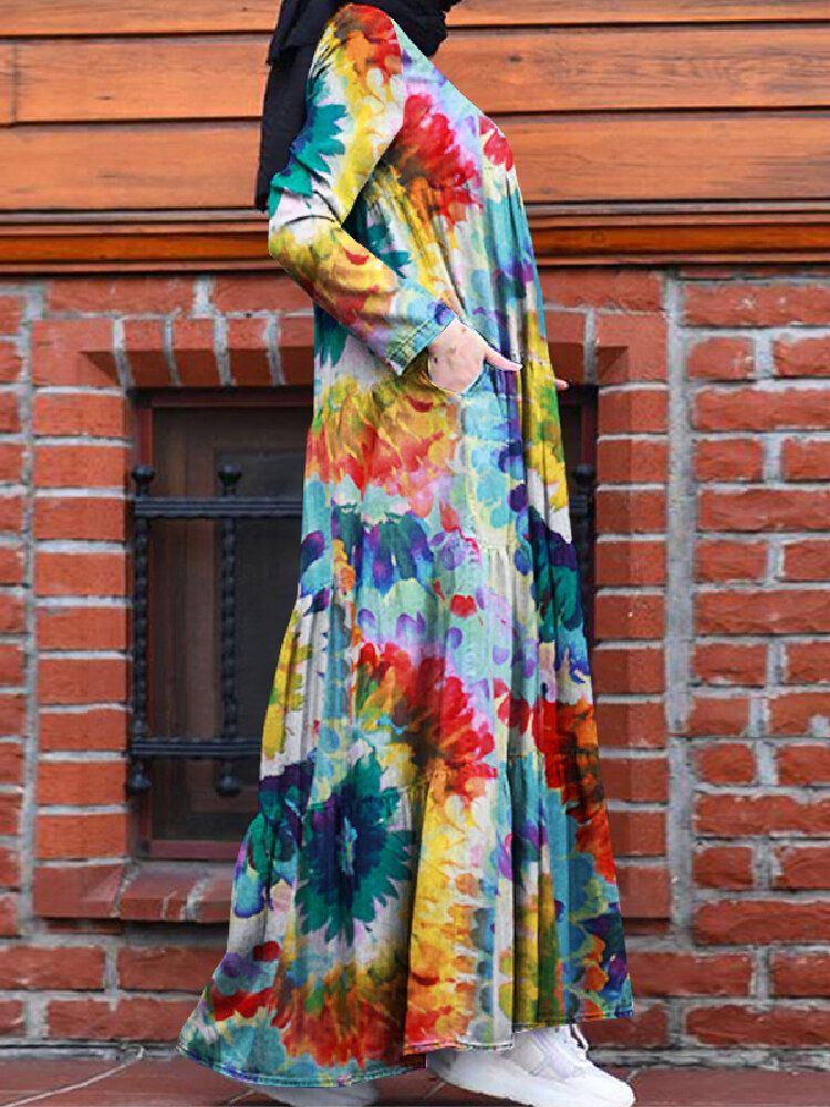 Vestido Musulmán Con Gradas De Una Línea De Túnica De Kaftan De Color En Contraste Con Estampado Floral Vintage