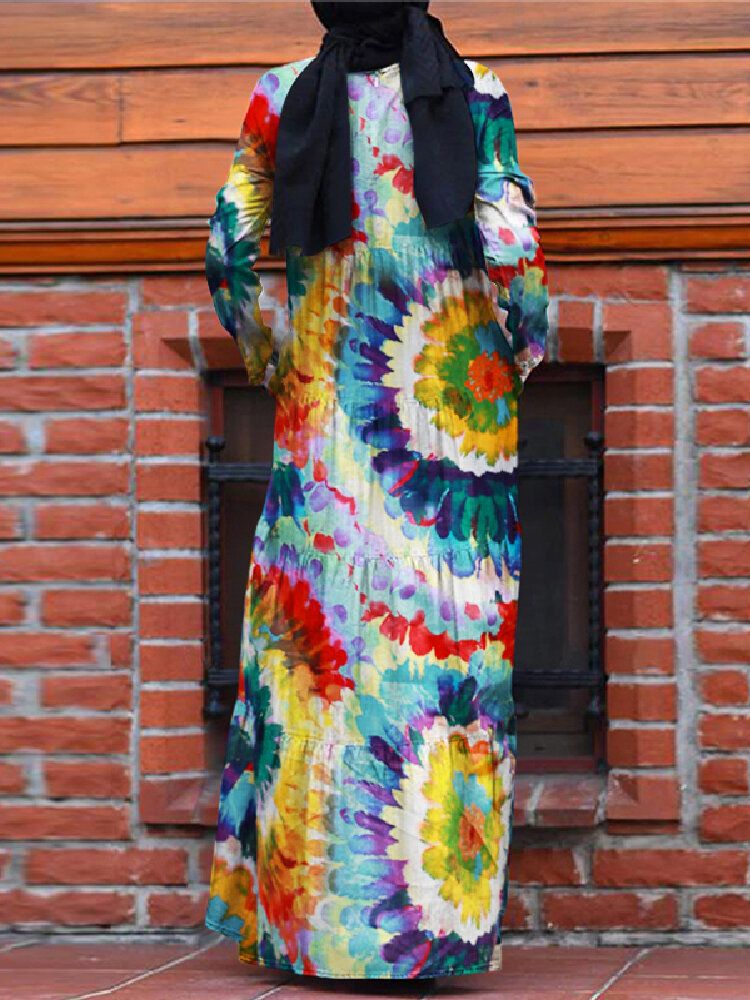 Vestido Musulmán Con Gradas De Una Línea De Túnica De Kaftan De Color En Contraste Con Estampado Floral Vintage