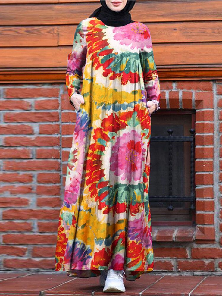 Vestido Musulmán Con Gradas De Una Línea De Túnica De Kaftan De Color En Contraste Con Estampado Floral Vintage