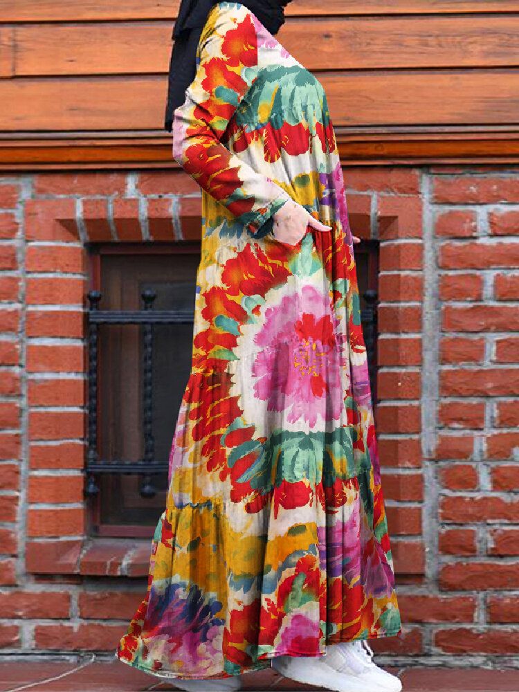 Vestido Musulmán Con Gradas De Una Línea De Túnica De Kaftan De Color En Contraste Con Estampado Floral Vintage