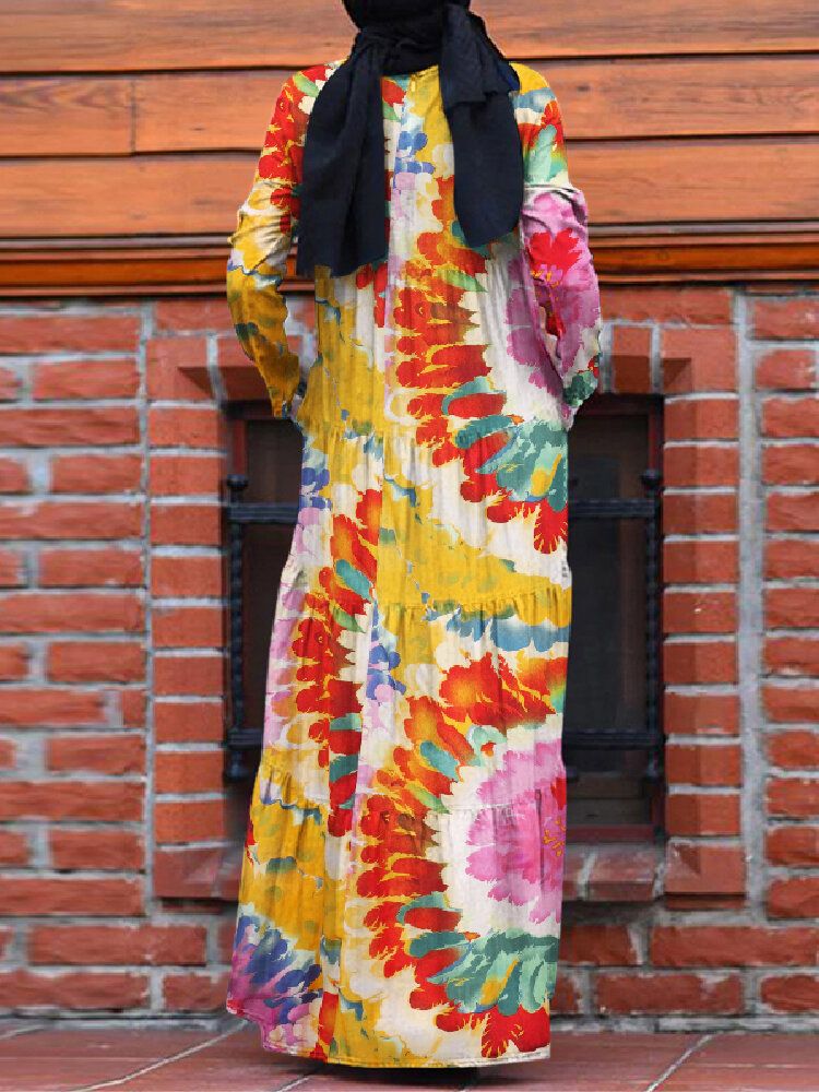 Vestido Musulmán Con Gradas De Una Línea De Túnica De Kaftan De Color En Contraste Con Estampado Floral Vintage