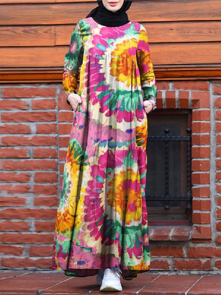 Vestido Musulmán Con Gradas De Una Línea De Túnica De Kaftan De Color En Contraste Con Estampado Floral Vintage