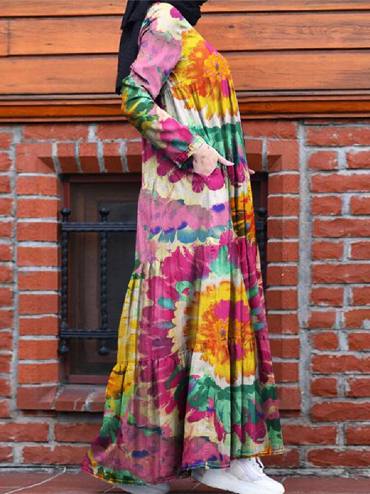Vestido Musulmán Con Gradas De Una Línea De Túnica De Kaftan De Color En Contraste Con Estampado Floral Vintage