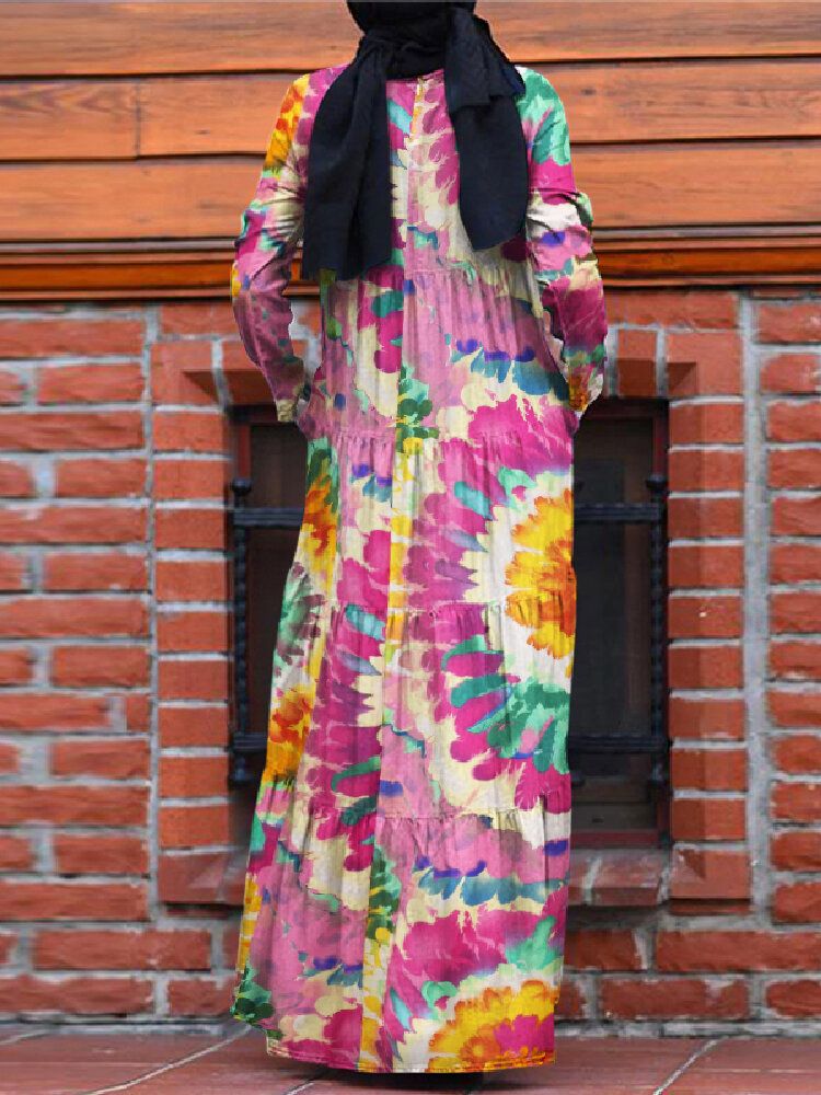 Vestido Musulmán Con Gradas De Una Línea De Túnica De Kaftan De Color En Contraste Con Estampado Floral Vintage