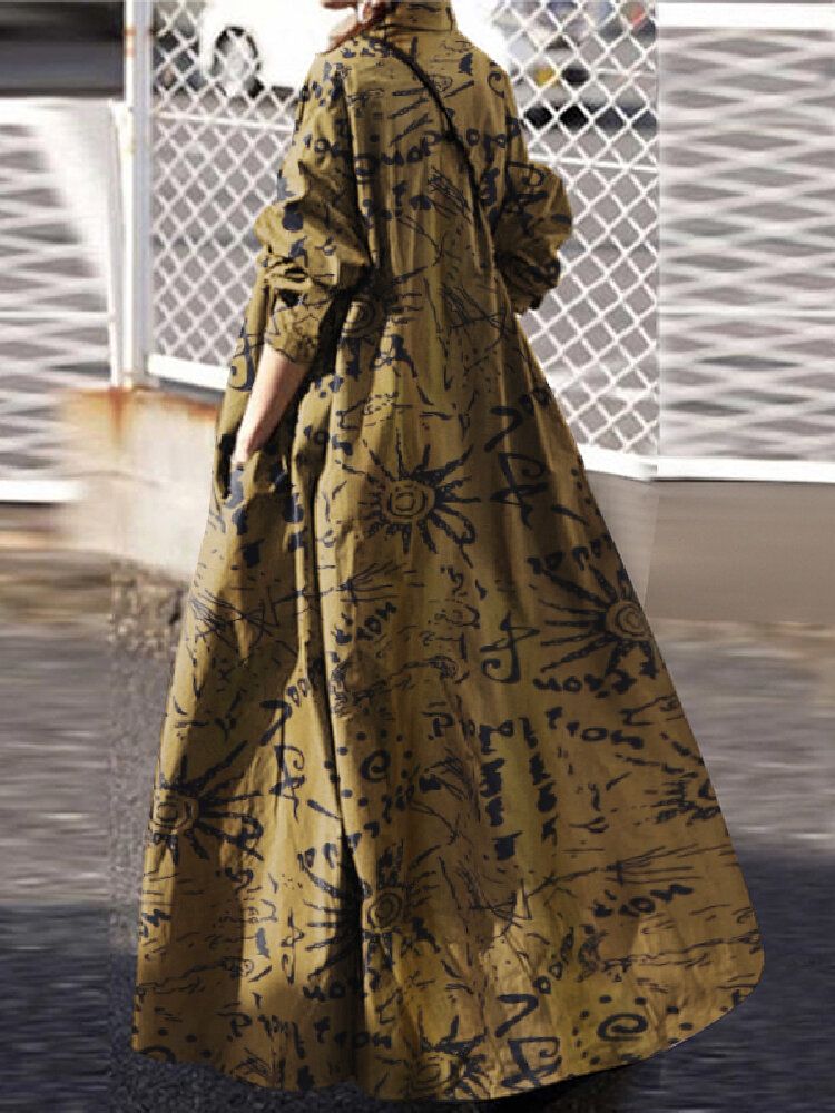 Vestidos Largos De Camisa Casual Con Solapa Y Estampado Vintage De Algodón Para Mujer Con Bolsillo