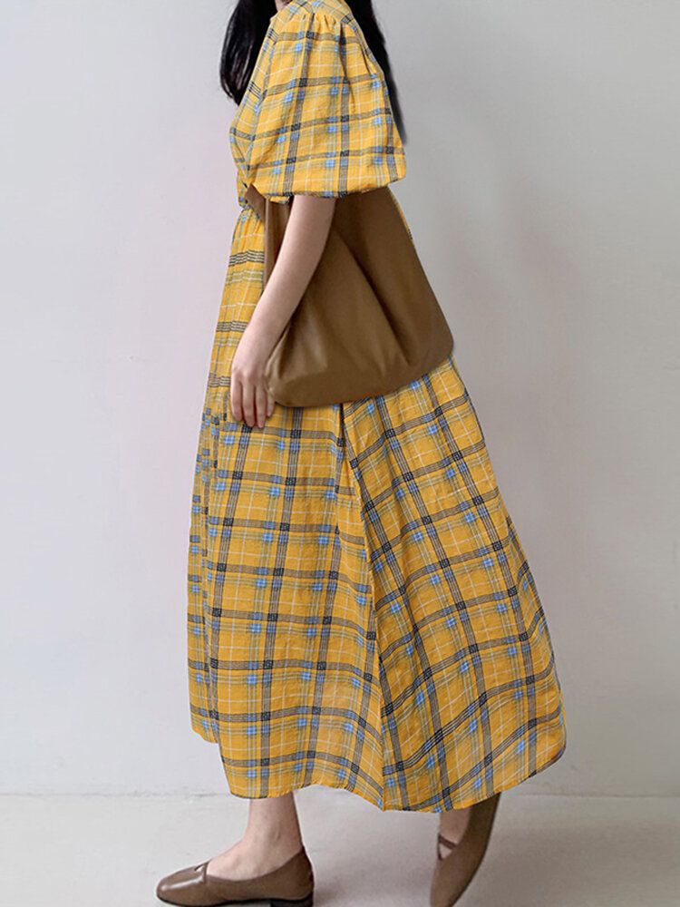 Vestidos Largos Casuales De Manga Larga Con Cuello Redondo Y Cuadros Escoceses Para Mujer