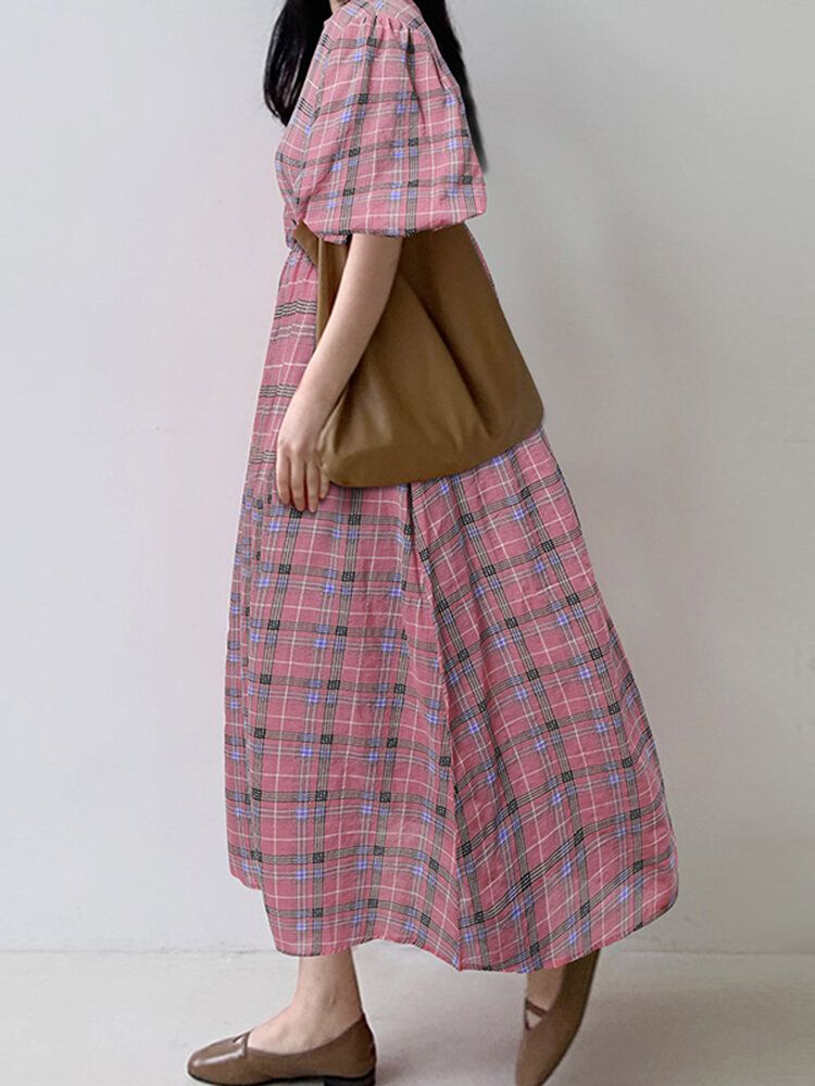 Vestidos Largos Casuales De Manga Larga Con Cuello Redondo Y Cuadros Escoceses Para Mujer