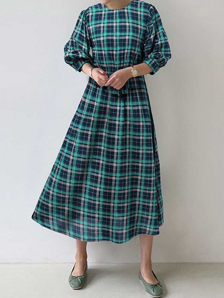 Vestidos Largos Casuales De Manga Larga Con Cuello Redondo Y Cuadros Escoceses Para Mujer