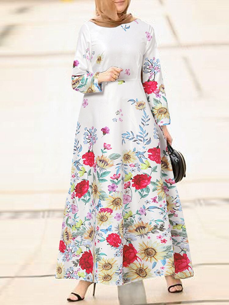 Vestidos Largos De Manga Larga Con Cuello Redondo Y Estampado Floral Para Mujer