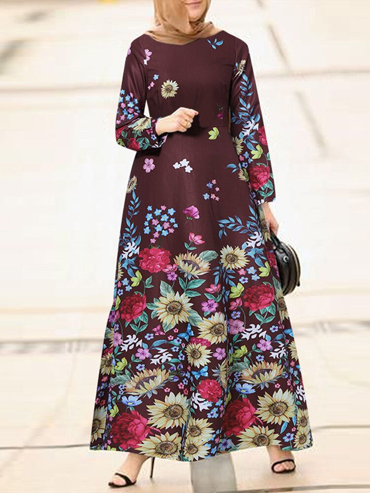 Vestidos Largos De Manga Larga Con Cuello Redondo Y Estampado Floral Para Mujer