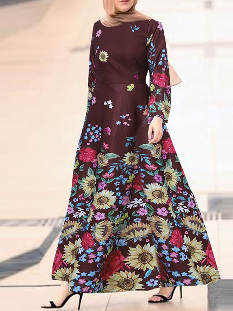 Vestidos Largos De Manga Larga Con Cuello Redondo Y Estampado Floral Para Mujer