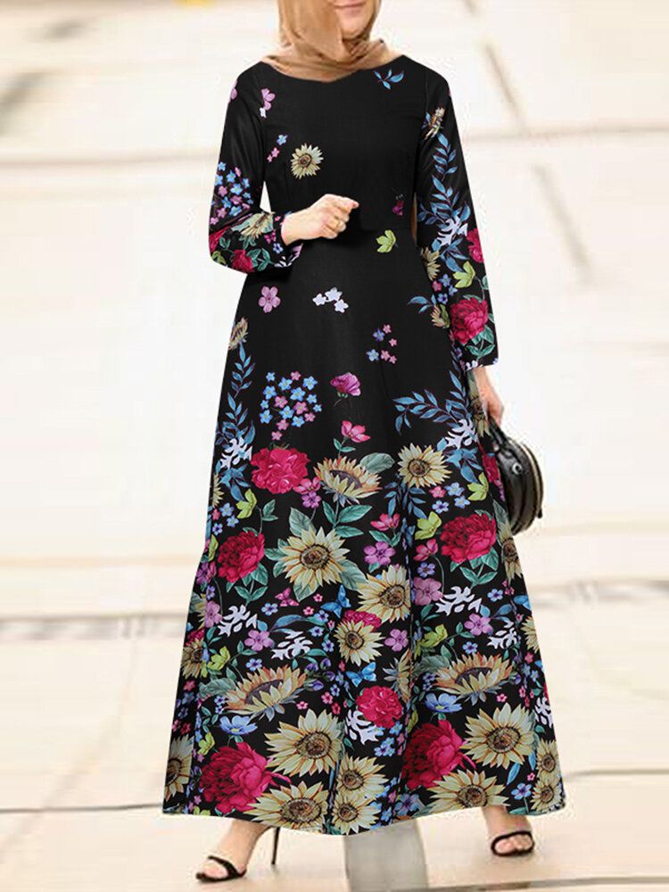 Vestidos Largos De Manga Larga Con Cuello Redondo Y Estampado Floral Para Mujer