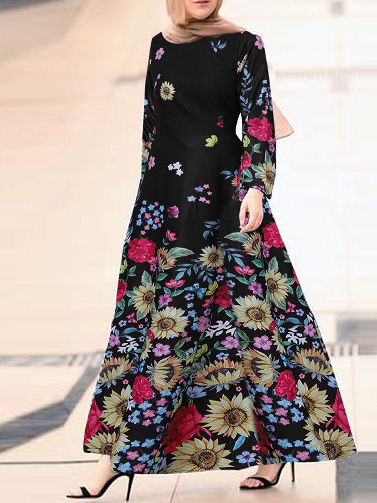 Vestidos Largos De Manga Larga Con Cuello Redondo Y Estampado Floral Para Mujer