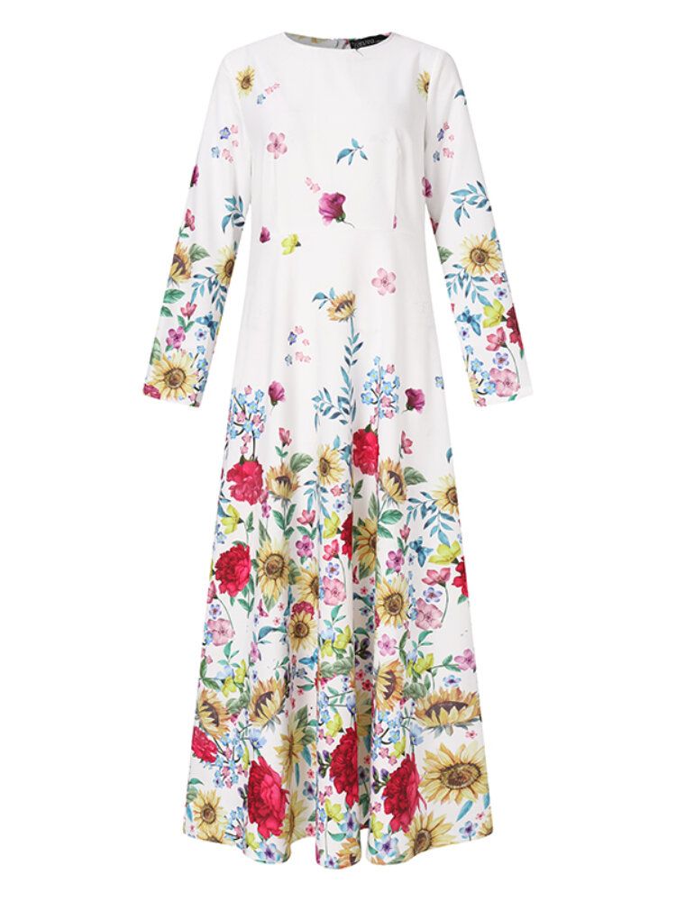 Vestidos Largos De Manga Larga Con Cuello Redondo Y Estampado Floral Para Mujer