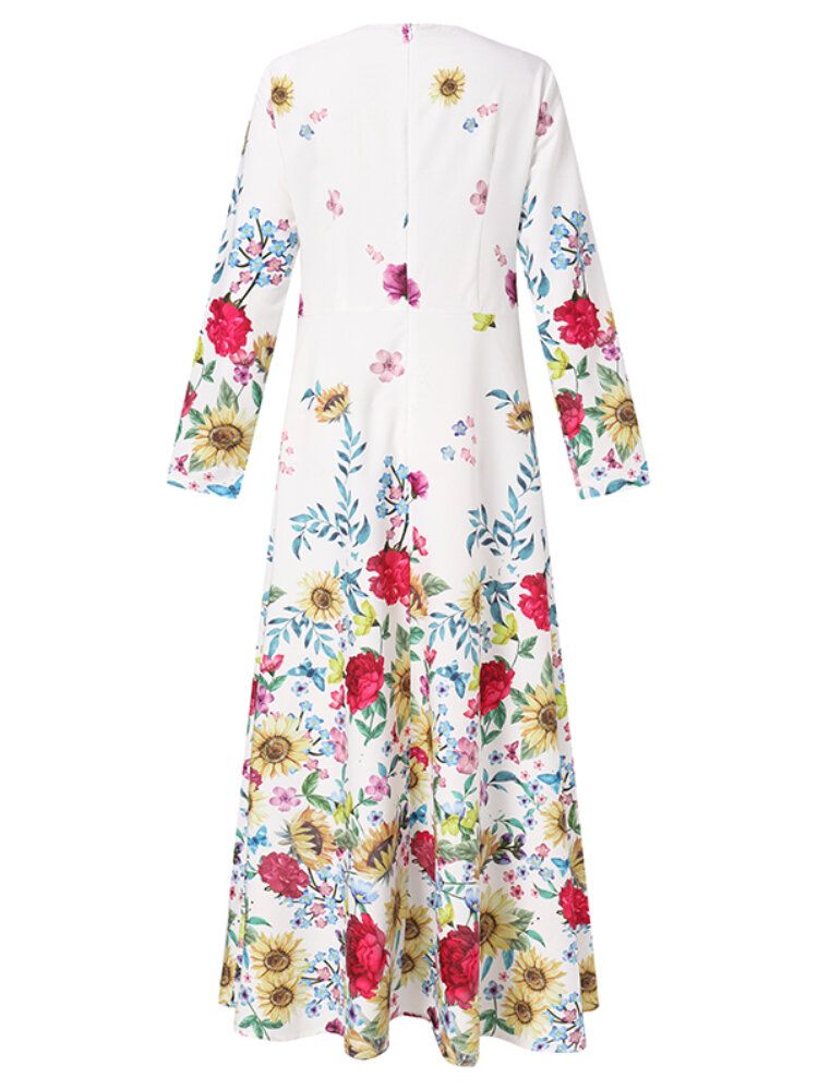 Vestidos Largos De Manga Larga Con Cuello Redondo Y Estampado Floral Para Mujer