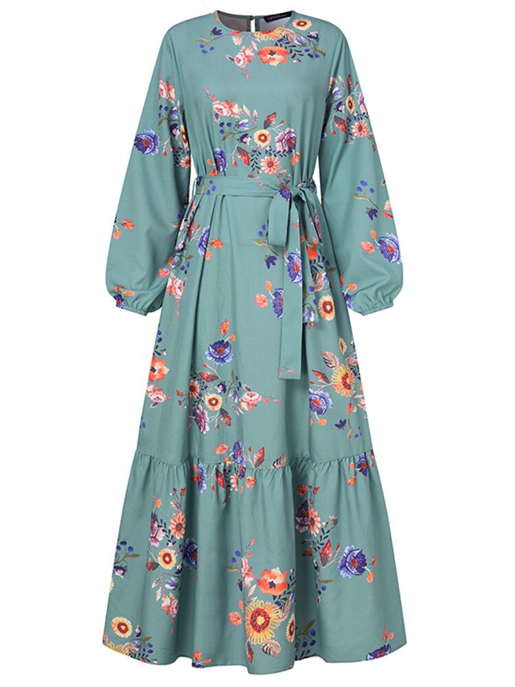 Vestidos Largos Retro De Manga Larga Con Dobladillo Con Volantes Y Estampado Floral Para Mujer