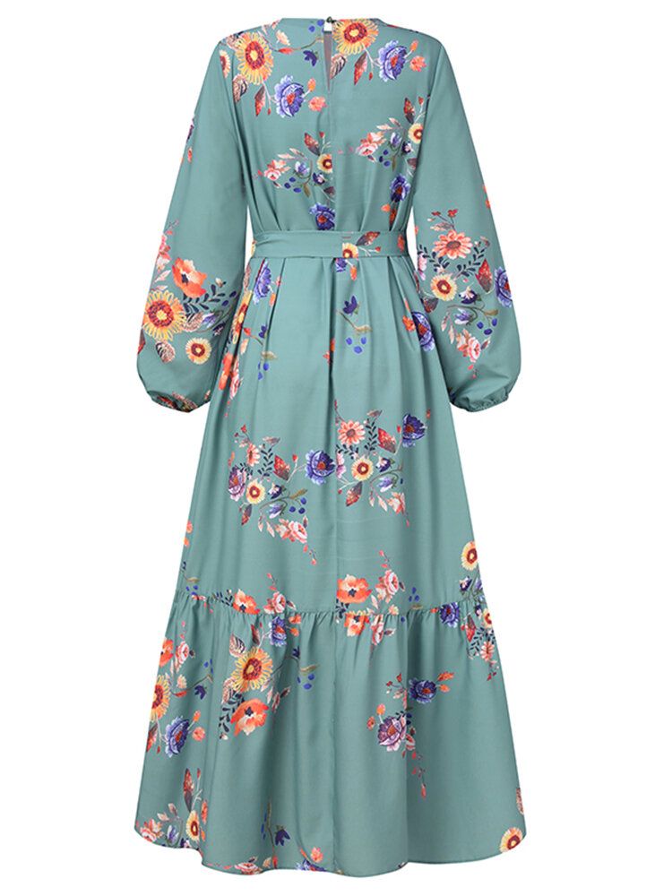 Vestidos Largos Retro De Manga Larga Con Dobladillo Con Volantes Y Estampado Floral Para Mujer
