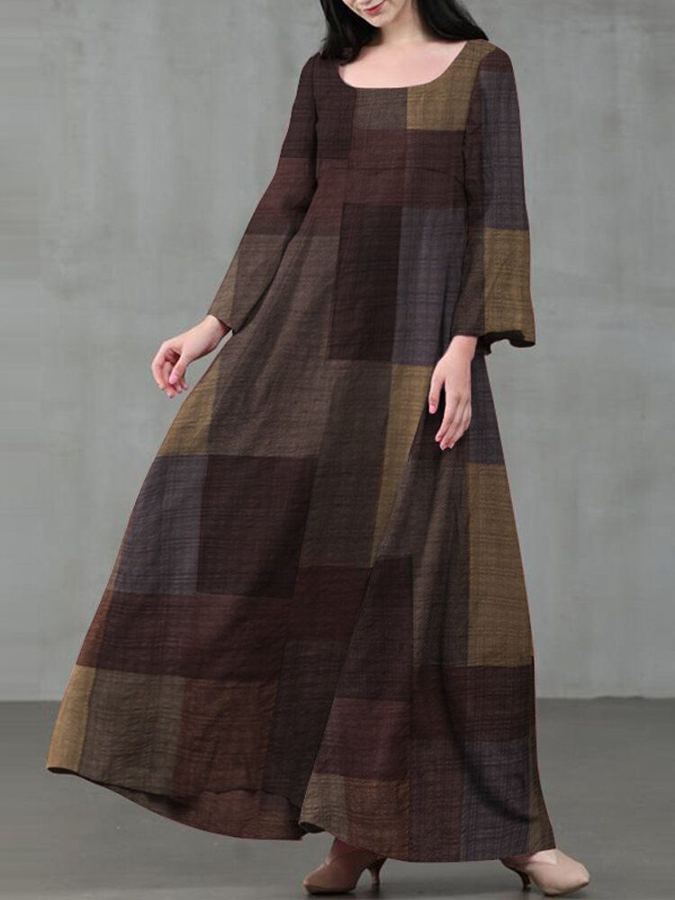 Vestidos Largos Vintage De Manga Acampanada Con Cuello Cuadrado A Cuadros Para Mujer