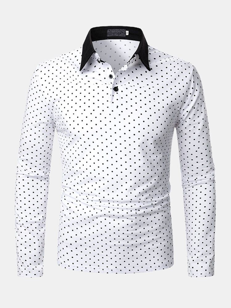 Camisas De Golf De Manga Larga Casuales Simples Con Lunares Para Hombre