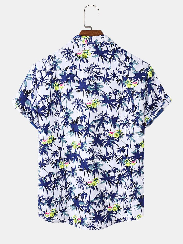 Camisa De Manga Corta Con Cuello Reverente Y Estampado De Árbol De Coco De Algodón Para Hombre