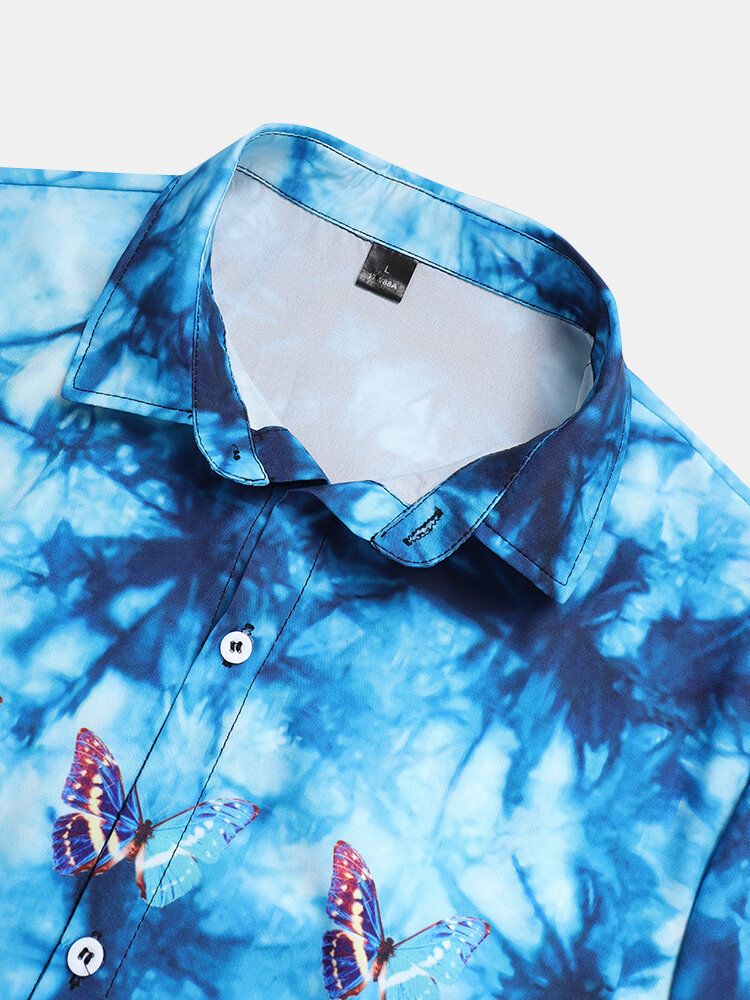 Camisa De Manga Corta Con Solapa Y Estampado De Mariposas Tie-dye Para Hombre