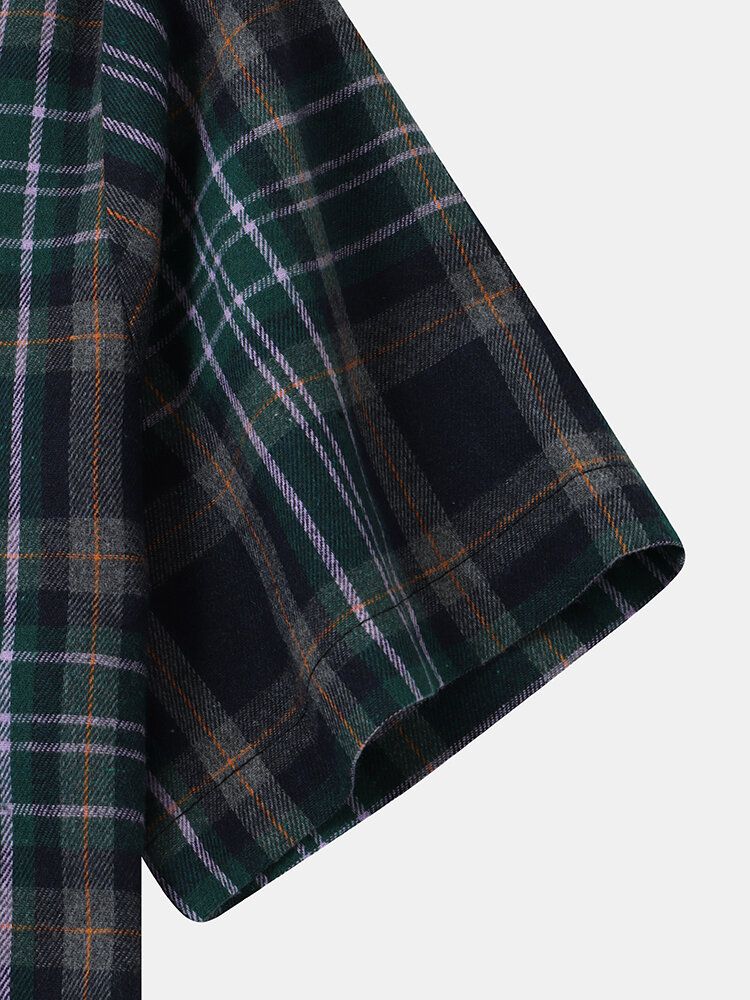 Camisas Con Capucha Con Cordón Informal De Manga Corta Delantera Con Botones A Cuadros Para Hombre