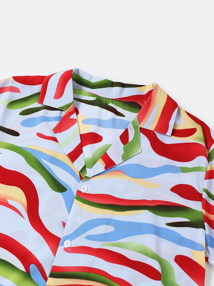 Camisas De Manga Corta Con Cuello Reverente De Rayas De Colores Irregulares Para Hombre