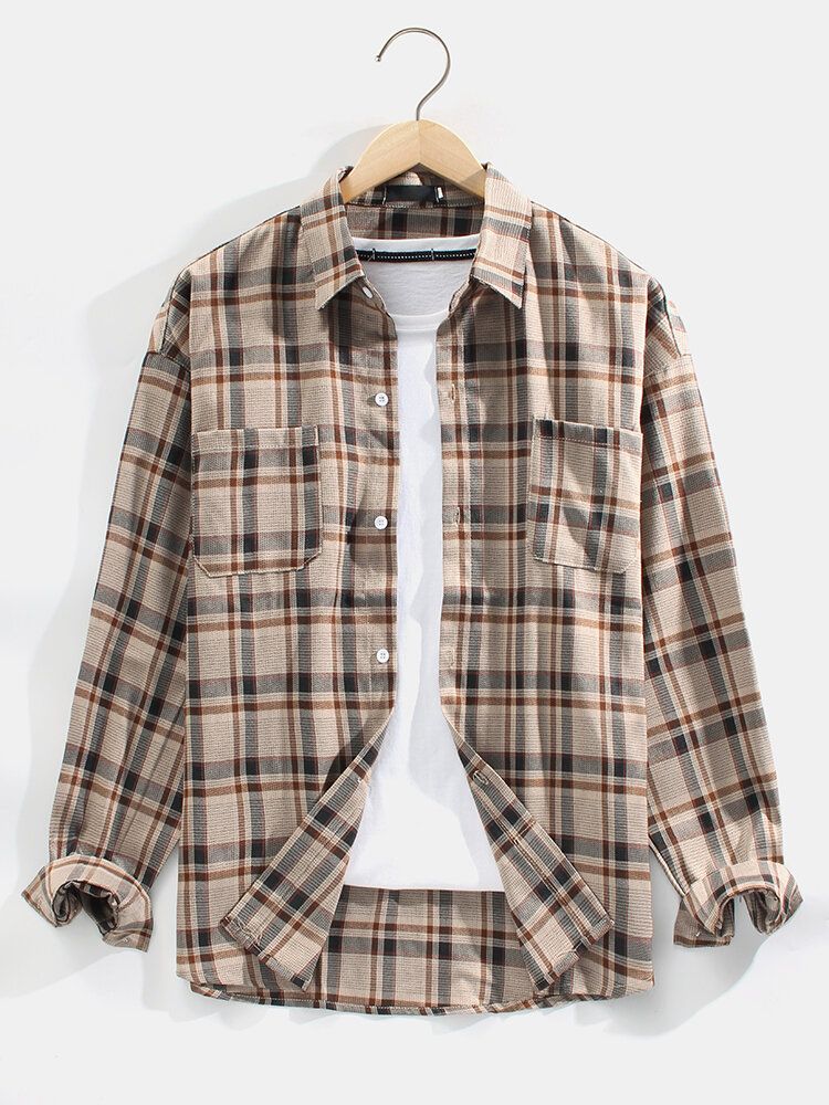 Camisas De Manga Larga Casuales De Doble Bolsillo Con Solapa A Cuadros Vintage Para Hombre