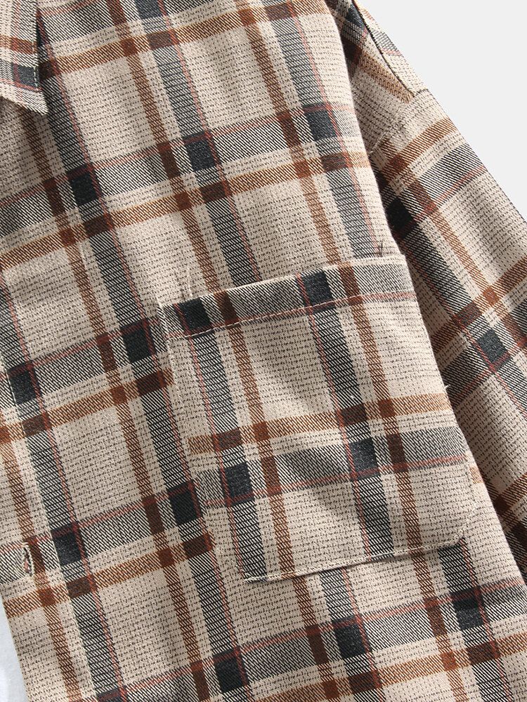 Camisas De Manga Larga Casuales De Doble Bolsillo Con Solapa A Cuadros Vintage Para Hombre