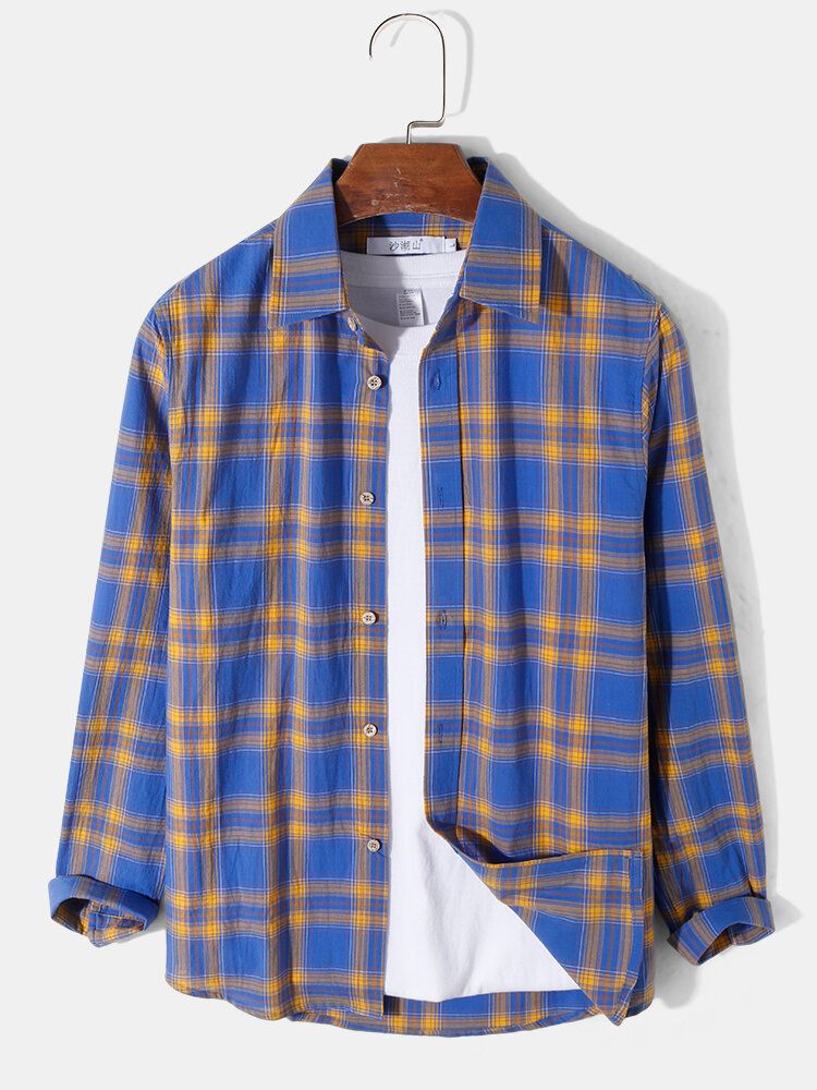 Camisas De Manga Larga De Muy Buen Gusto Con Botones De Solapa Y Estampado A Cuadros Para Hombre