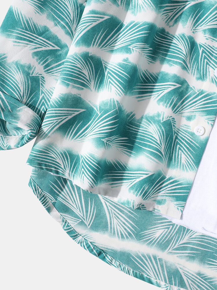 Camisas De Manga Larga Navideñas Con Solapa Y Estampado De Hojas Ombre Para Hombre