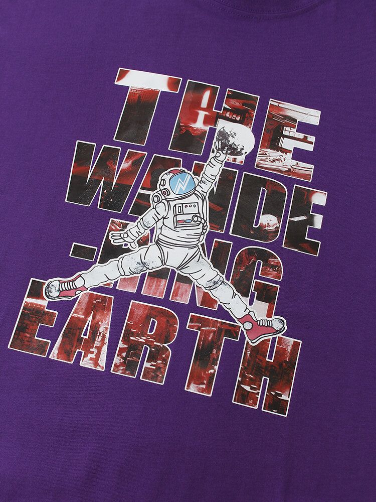 100% Algodón Divertido Patrón De Astronauta Estampado De Letras Camisetas De Manga Corta